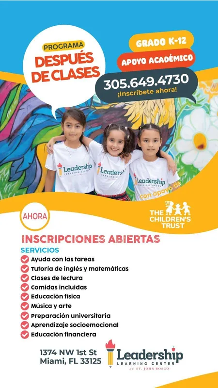 Enrollment flyer in Spanish: after-school program, grades K–12, academic support, phone 305.649.4730, enroll now, services list, 1374 NW 1st St Miami FL 33125, with support from The Children’s Trust.